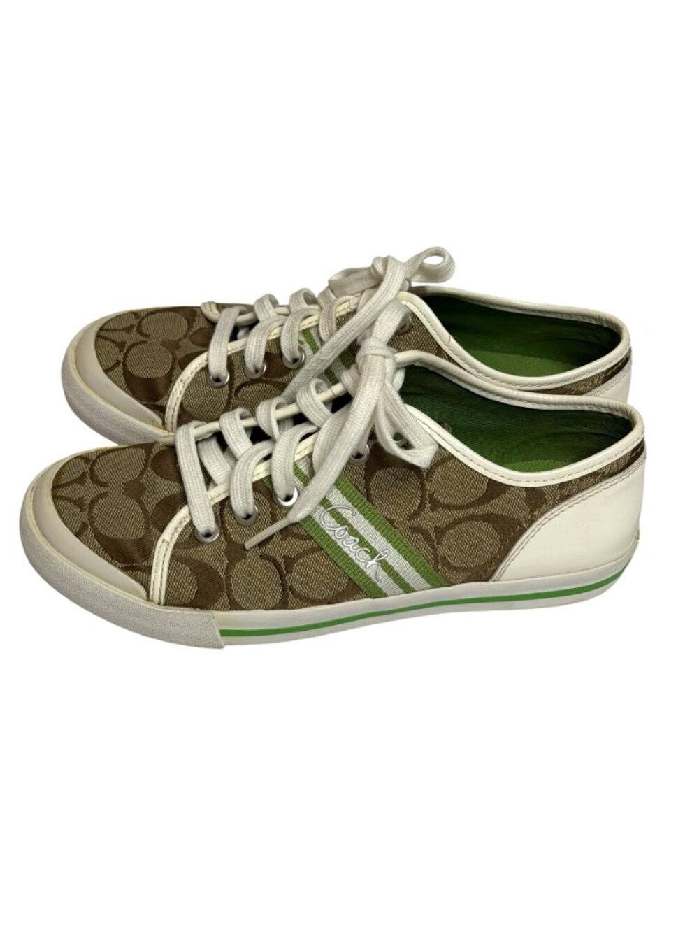 Coach Folly Signature Womens Sneakers Canvas Logo Tan Grass White 6 - Picture 2 of 10